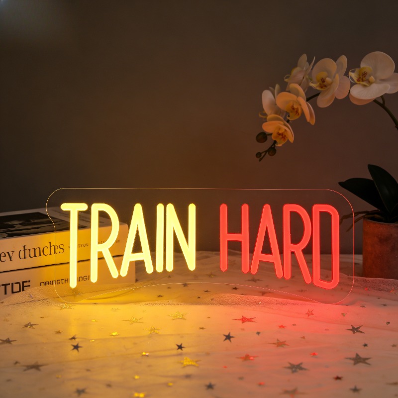 Home Gym Yellow - TRAIN HARD Yellow Red LED Neon